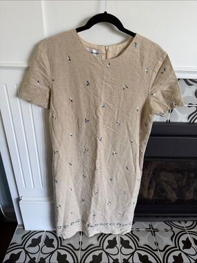 Linen blend  Embroidered Beige Shift Dress
